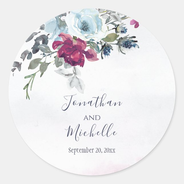 Elegant Burgundy White and Blue Roses Wedding Classic Round Sticker (Front)