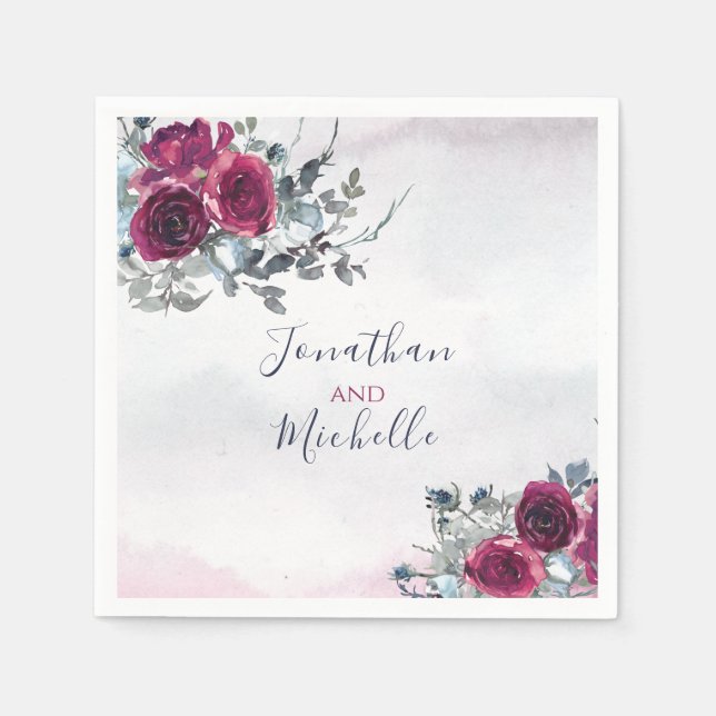 Elegant Burgundy White and Blue Roses Wedding Napkin (Front)