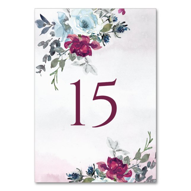 Elegant Burgundy White and Blue Roses Wedding Table Number (Front)