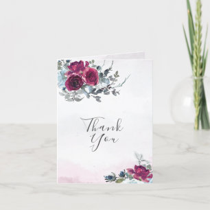 Elegant Burgundy White and Blue Roses Wedding Thank You Card