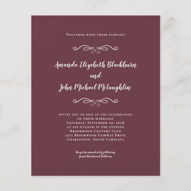 Elegant Burgundy White Budget Wedding Invitation (Front)