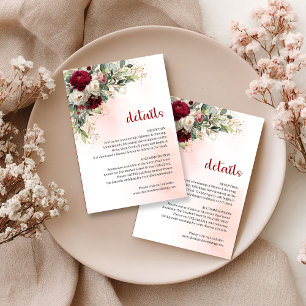 Elegant Burgundy White Floral Gold Wedding Info Enclosure Card