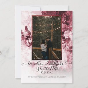 Elegant Burgundy White Floral Script Heart Photo Save The Date