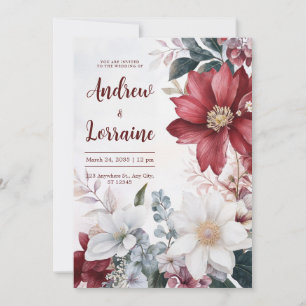 Elegant Burgundy & White Floral Watercolor Wedding Invitation