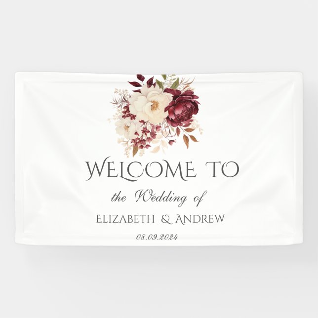 Elegant Burgundy White Flowers Banner (Horizontal)