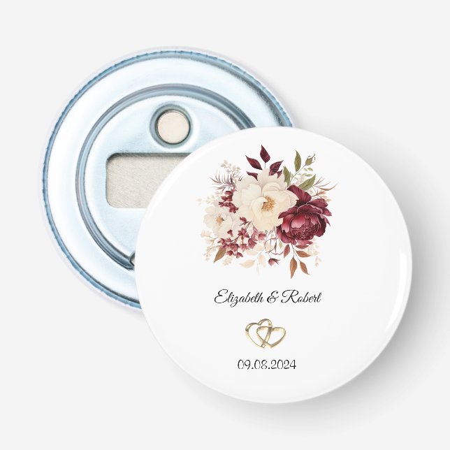 Elegant Burgundy White Flowers Bottle Opener (Front)