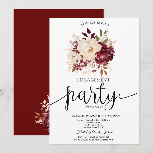 Elegant Burgundy White Flowers Engagement   Invitation (Front/Back)