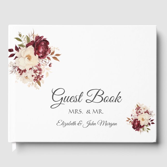 Elegant Burgundy White Flowers Guest Book (Front)