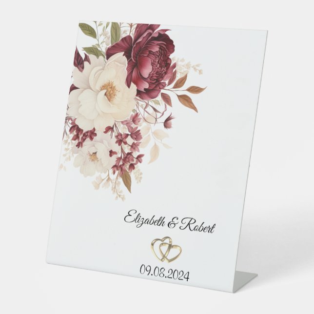 Elegant Burgundy White Flowers Pedestal Sign (Front)