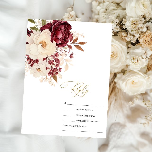 Elegant Burgundy White Flowers RSVP   Invitation (Creator Uploaded)
