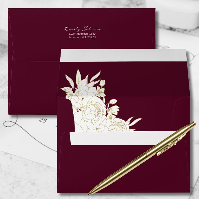 Elegant Burgundy White Gold Floral Return Address Envelope (Creator Uploaded)