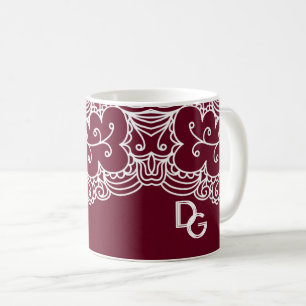 Elegant Burgundy White Lace Monogrammed  Coffee Mug