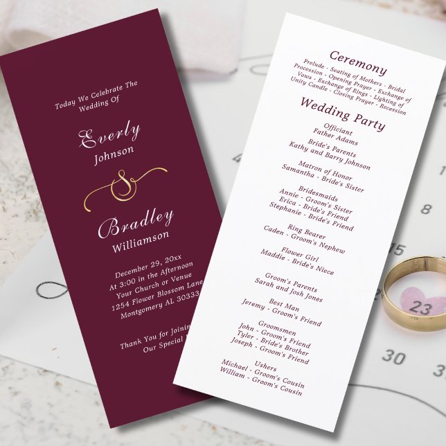 Elegant Burgundy White Script Fall Winter Wedding  Programme (Creator Uploaded)
