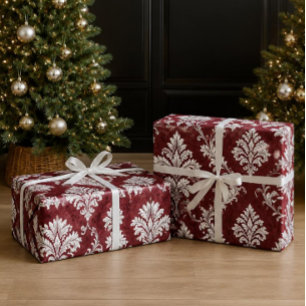 Elegant Burgundy, White Victorian Damask Christmas Wrapping Paper