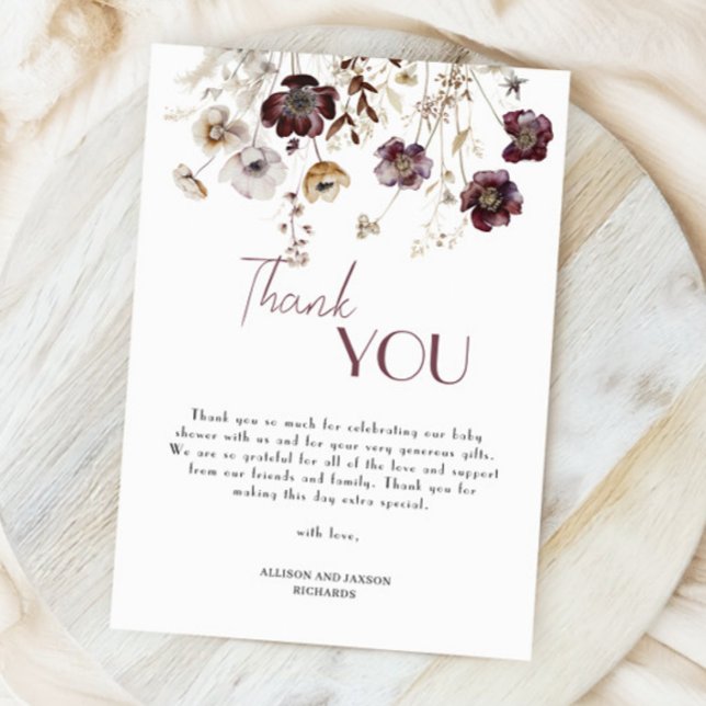Elegant Burgundy Wildflowers Baby Shower Thank You Card (Creator Uploaded)