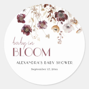 Elegant Burgundy Wildflowers Girl Baby Shower Classic Round Sticker