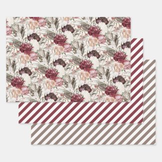 Elegant Burgundy Wine Cream Floral Greenery Stripe Wrapping Paper Sheet