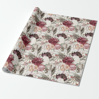 Elegant Burgundy Wine Cream Floral Greenery  Wrapping Paper