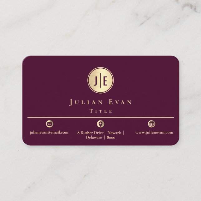 Elegant Burgundy Wine Gold Shiny Circle Monogram Business Card (Front)