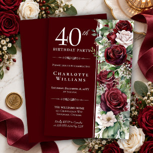 Elegant Burgundy Wine Rose Floral 40th Birthday Invitation
