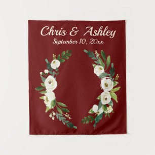Elegant Burgundy Winter Greenery Wedding Backdrop Tapestry