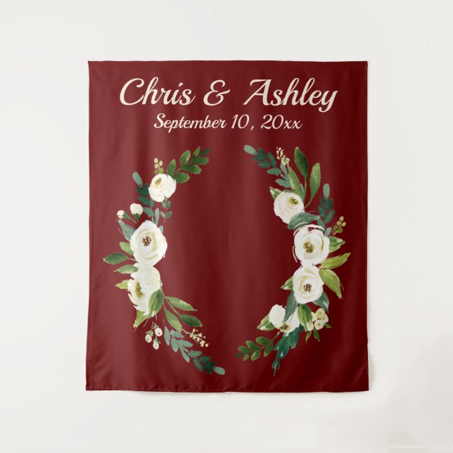 Elegant Burgundy Winter Greenery Wedding Backdrop Tapestry (Front)