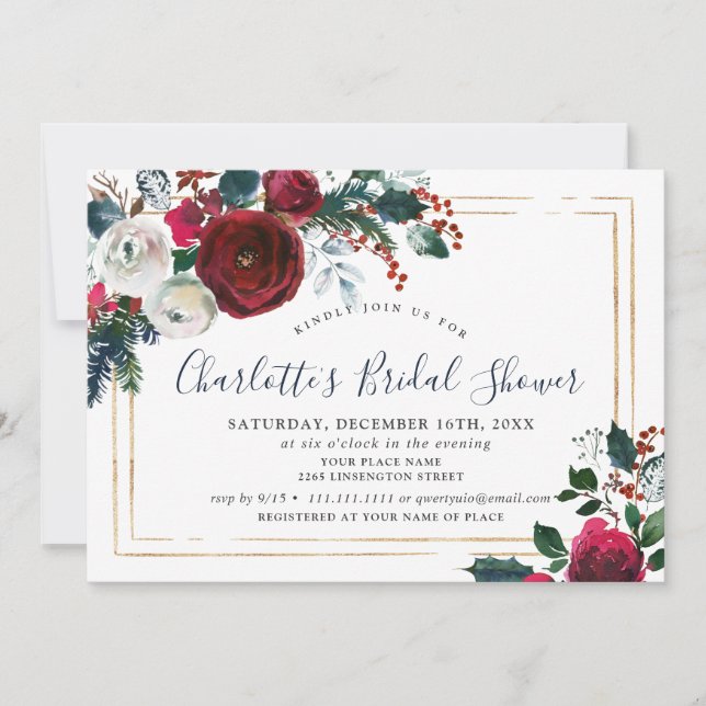 Elegant Burgundy Winter Roses Floral BRIDAL SHOWER Invitation (Front)
