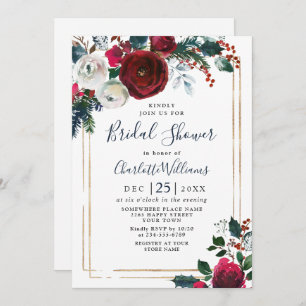 Elegant Burgundy Winter Roses Floral Bridal Shower Invitation