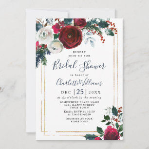 Elegant Burgundy Winter Roses Floral Bridal Shower Invitation