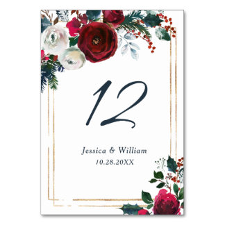 Elegant Burgundy Winter Roses Floral Wedding Table Number