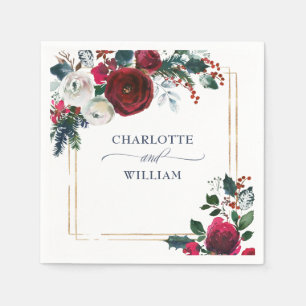 Elegant Burgundy Winter Roses Foliage Wedding Napkin