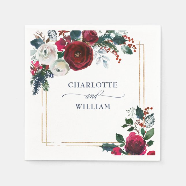 Elegant Burgundy Winter Roses Foliage Wedding Napkin (Front)