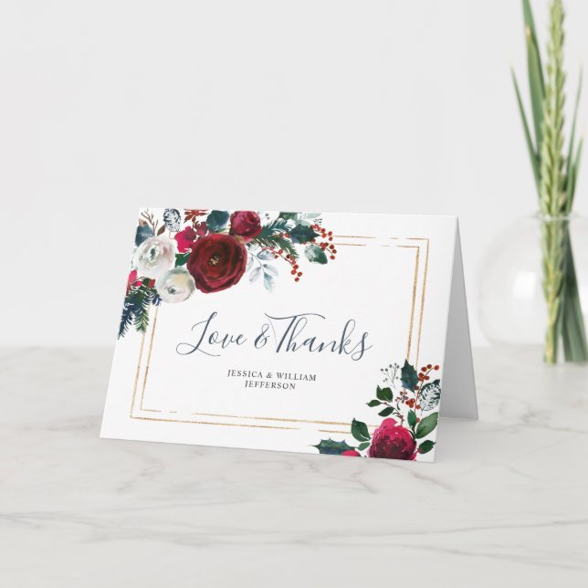 Elegant  Burgundy Winter Roses Greenery Thank You Card (Front)
