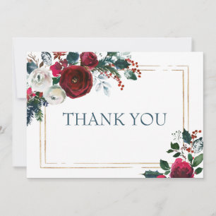 Elegant  Burgundy Winter Roses Greenery Thank You Card