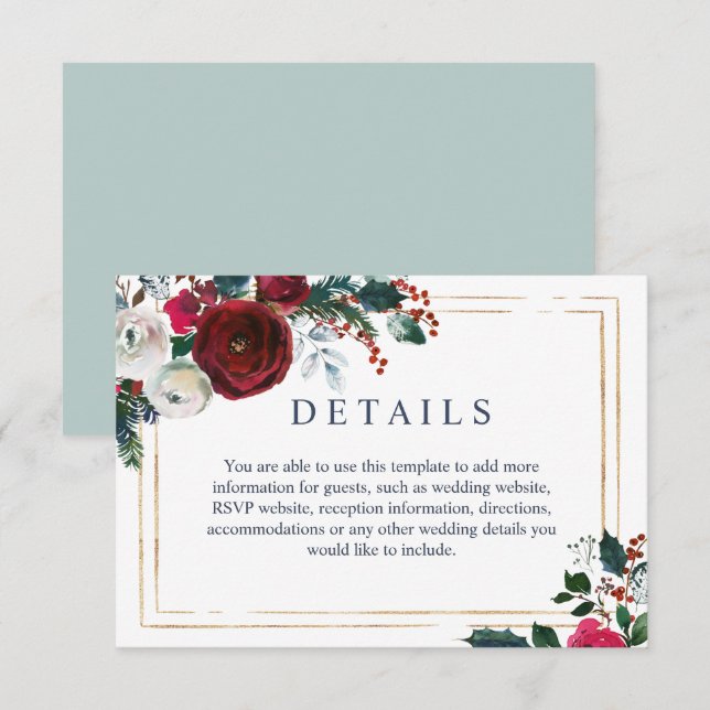 Elegant Burgundy Winter Roses Wedding Details Enclosure Card (Front/Back)
