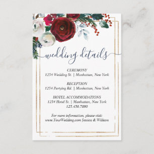 Elegant Burgundy Winter Roses Wedding Details Enclosure Card