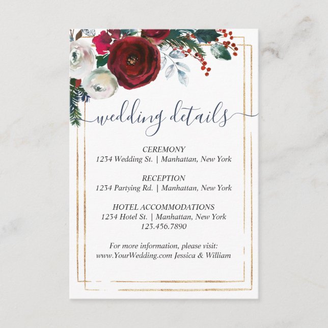 Elegant Burgundy Winter Roses Wedding Details Enclosure Card (Front)
