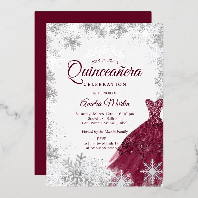 Elegant Burgundy Winter Snowflake Quinceanera (Front/Back)