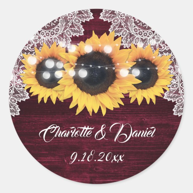 Elegant Burgundy Wood Lace Sunflower Wedding Classic Round Sticker (Front)