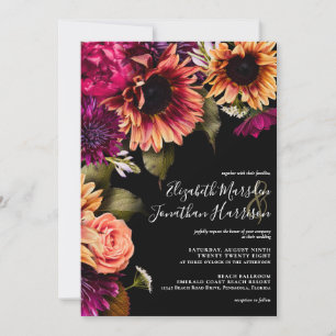 Elegant Burgundy Yellow Sunflower Floral Boho Dark Invitation