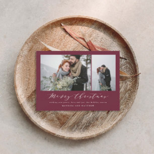 Elegant burgundyl photo collage christmas script holiday card