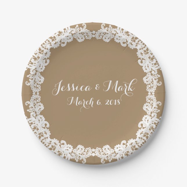 Elegant burlap brown/tan & white lace design paper plate (Front)