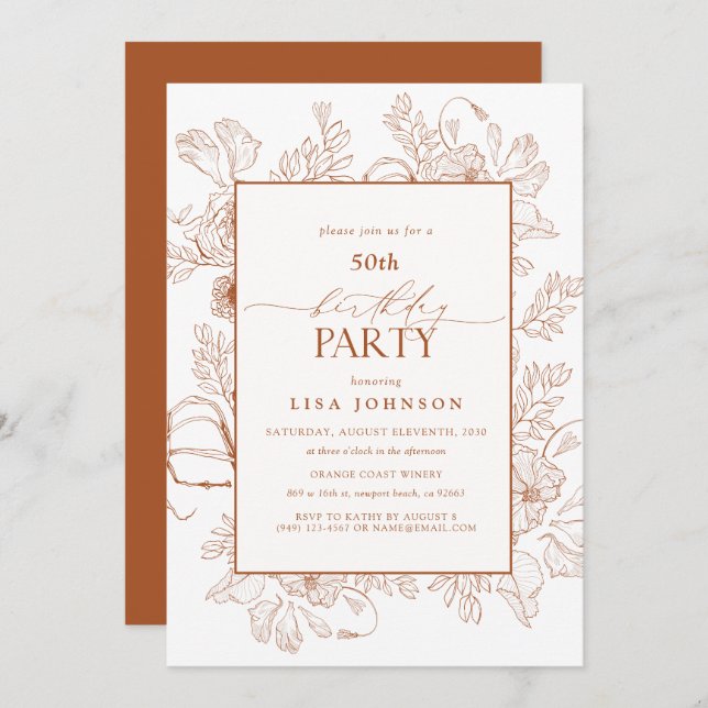Elegant Burnt Orange 50th Birthday Floral Line Art Invitation (Front/Back)