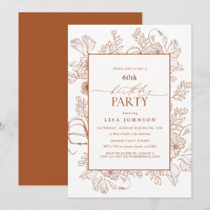 Elegant Burnt Orange 60th Birthday Floral Line Art Invitation