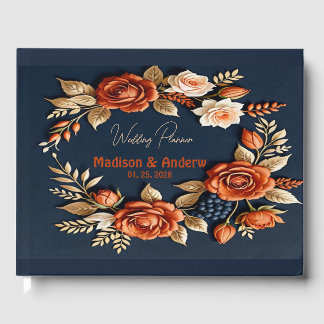 Elegant Burnt Orange and Navy Blue Floral Wedding  Guest Book