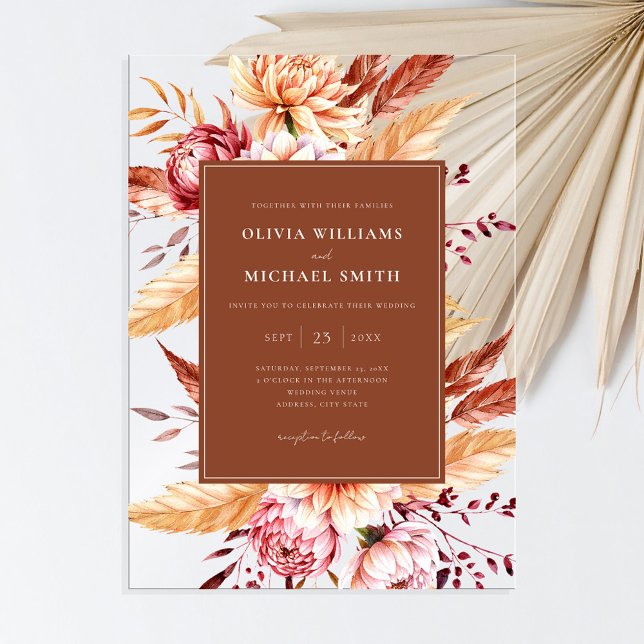 Elegant Burnt Orange Boho Chic Floral Wedding Acrylic Invitations (Creator Uploaded)