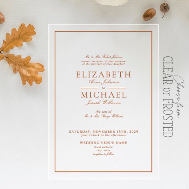 Elegant Burnt Orange Classic Script Wedding Acrylic Invitations (Creator Uploaded)