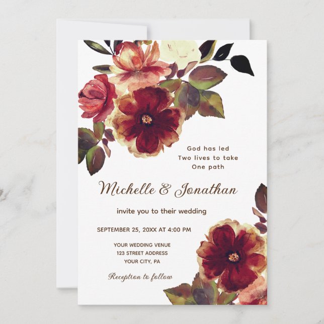 Elegant Burnt Orange Floral Christian Wedding Invitation (Front)