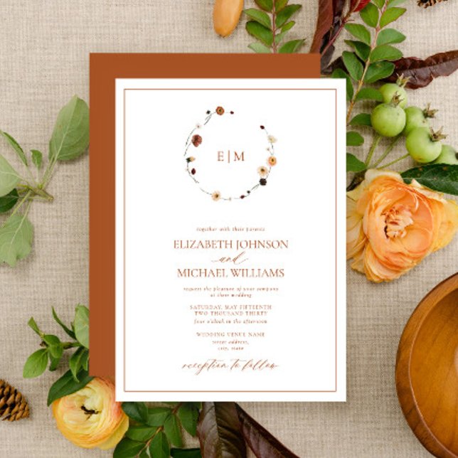Elegant Burnt Orange Floral Crest Monogram Wedding Invitation (Creator Uploaded)