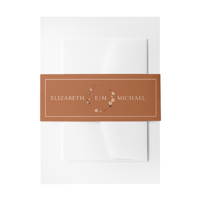 Elegant Burnt Orange Floral Crest Monogram Wedding Invitation Belly Band (Front Example)